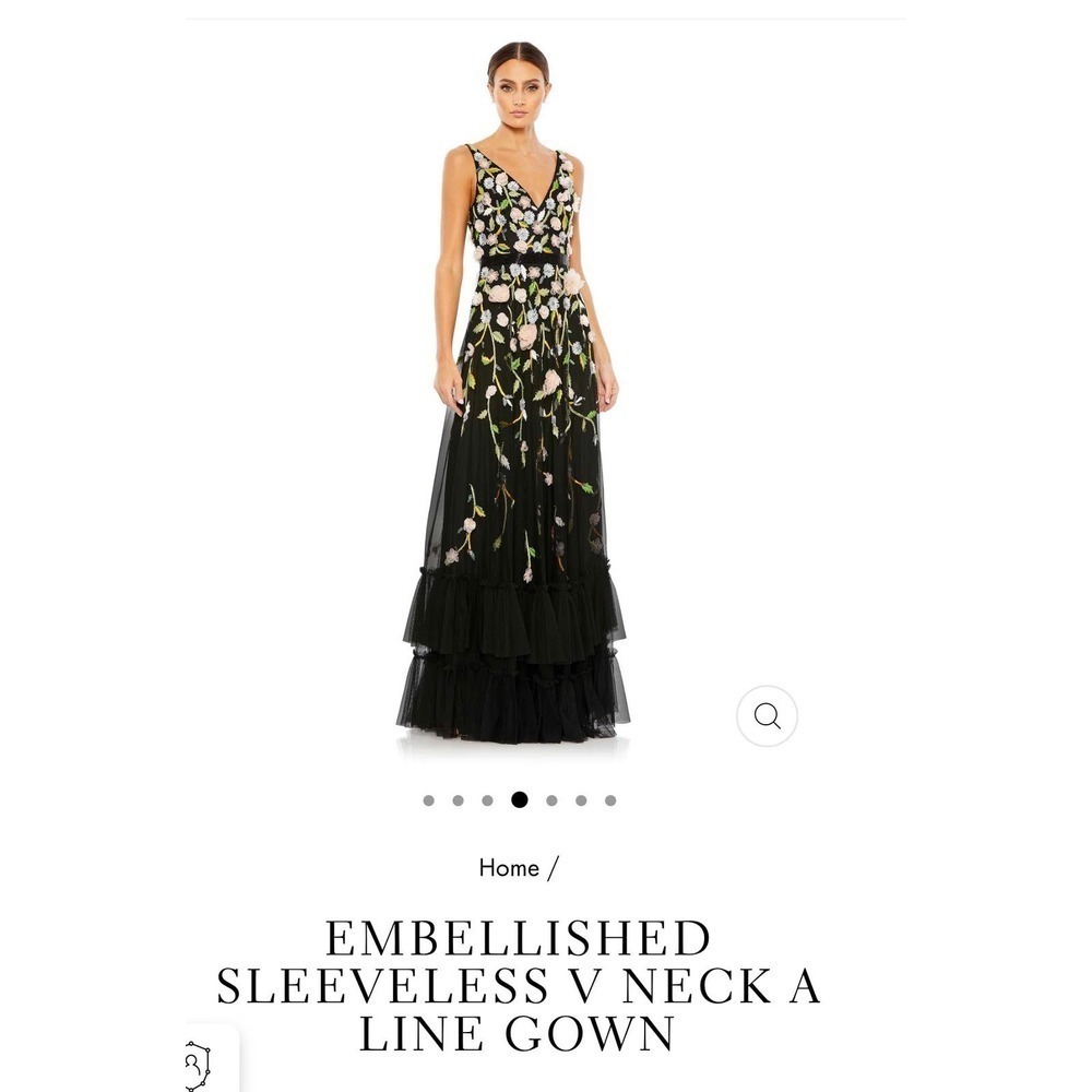 Embellished Sleeveless V-Neck A-Line Gown - Black with Floral Embroidery